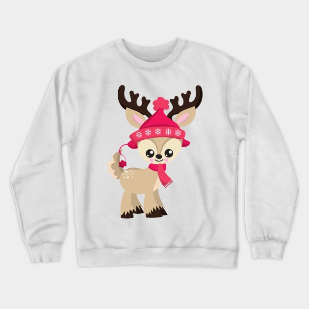 Christmas Reindeer, Cute Reindeer, Red Hat, Xmas Crewneck Sweatshirt by Jelena Dunčević